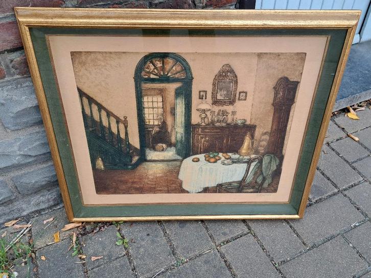 gravure interieur de maison signe albert geudens, Antiquités & Art, Art | Eaux-fortes & Gravures, Enlèvement