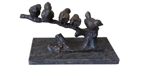 5 vogels op een tak sculptuur., Antiquités & Art, Art | Sculptures & Bois, Enlèvement