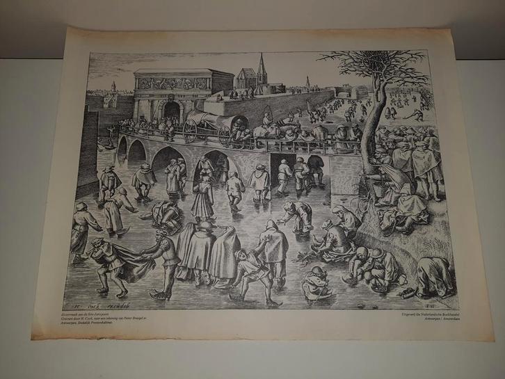 Historische prent: IJsvermaak op de Schelde, Antiquités & Art, Art | Eaux-fortes & Gravures, Enlèvement ou Envoi