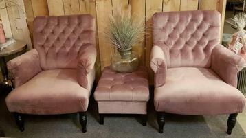 Landelijke fauteuil zetel sofa velvet poeder roze queen ann
