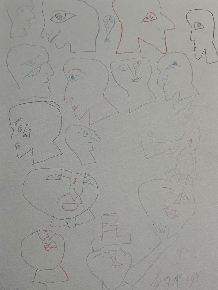 Pierre CAILLE 1999 gekleurd krijt pastel koppen figuren, Antiek en Kunst, Kunst | Schilderijen | Modern, Ophalen of Verzenden