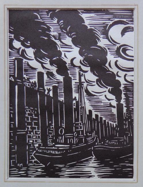 FRANS MASEREEL / STOOMBOOT / ZW-W HOUTSNEDE / 31x23cm PASSE, Antiek en Kunst, Kunst | Etsen en Gravures, Ophalen of Verzenden