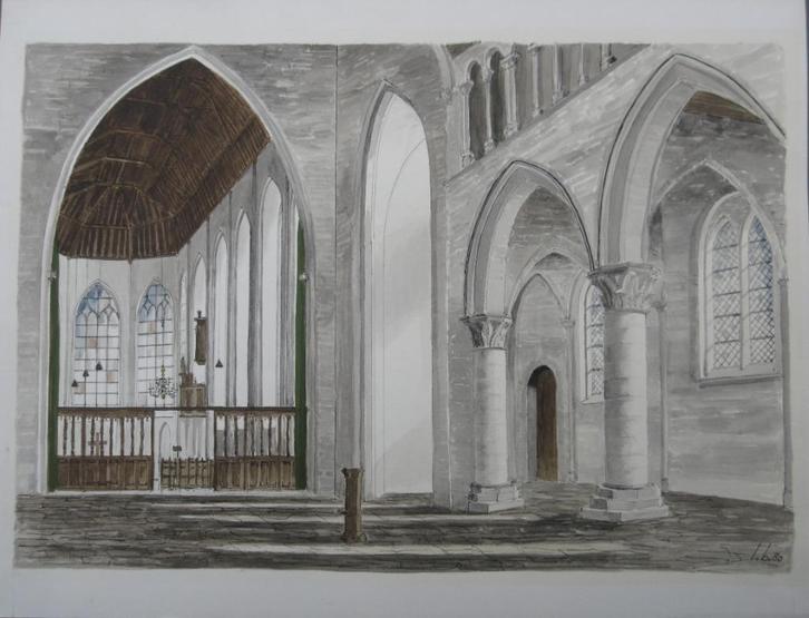 Aquarel L. Boschmans - Aardenburg Interieur Sint Baafskerk, Antiek en Kunst, Kunst | Schilderijen | Klassiek, Ophalen of Verzenden