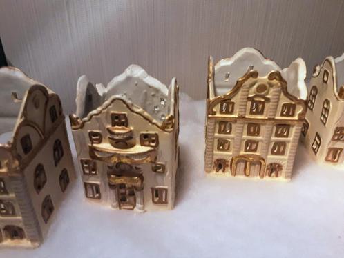Set van 4 Herenhuisjes in porselein voor theelichtjes, Diversen, Kerst, Zo goed als nieuw, Ophalen of Verzenden