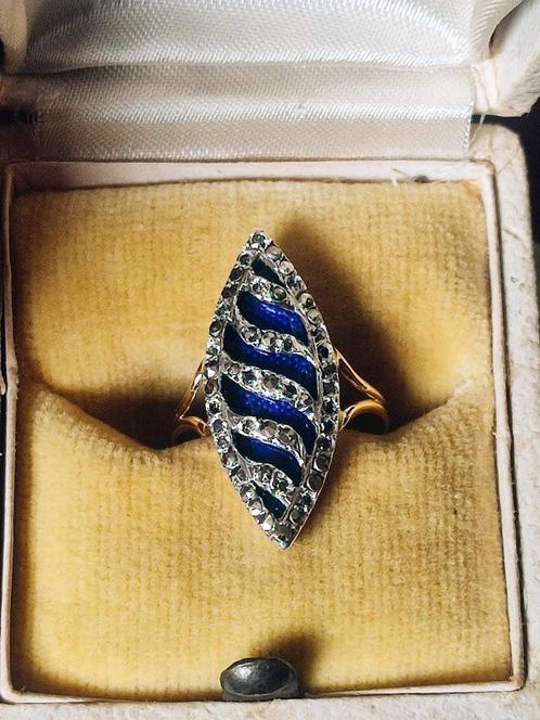 Antieke ring met email en zwarte diamanten, Napoleon III tij, Handtassen en Accessoires, Ringen, Zo goed als nieuw, Dame, Goud