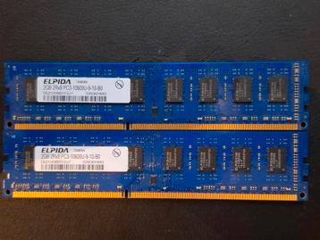 2 x 2 Go de mémoire vive Elpida 2Rx8 PC3-10600U-9-10-B0, Enlèvement ou Envoi, DDR3, Utilisé, Desktop