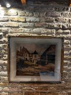 Schilderij – Dorpsgezicht met paarden en karren, Ophalen of Verzenden