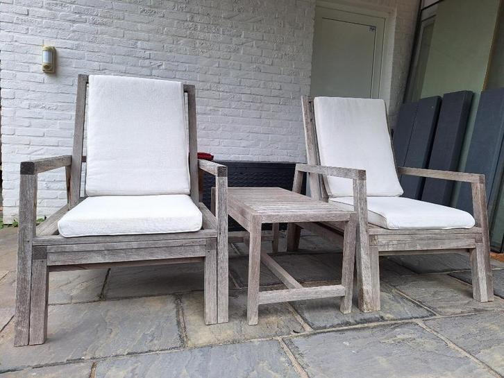 hardhout loungeset met maatkussens, Tuin en Terras, Tuinsets en Loungesets, Gebruikt, Loungeset, Hardhout, 2 zitplaatsen, Bijzettafel