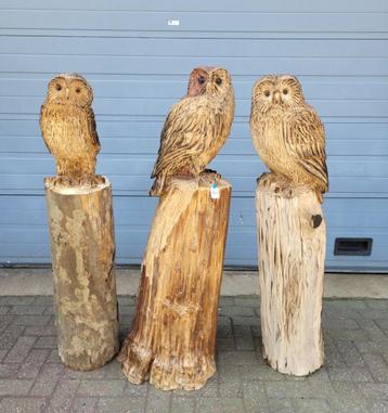 Diverse houtsnijwerken van een uil tuinbeeld beschikbaar voor biedingen