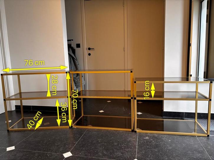 Modulaire tafels van rookglas en goudkleurig metaal, Huis en Inrichting, Woonaccessoires | Etagères, Gebruikt, Ophalen