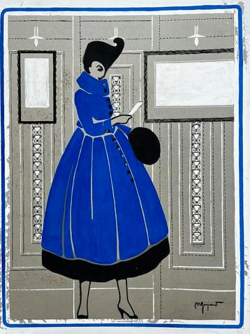 ca1930 Maurice GASPARD gouache élégante, liseuse kobaltblauw beschikbaar voor biedingen