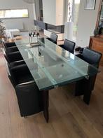 Desalto Stilt 430 design tafel met 6 kuipzeteltjes in leder, Huis en Inrichting, Tafels | Eettafels, Ophalen, Gebruikt, Glas, 200 cm of meer