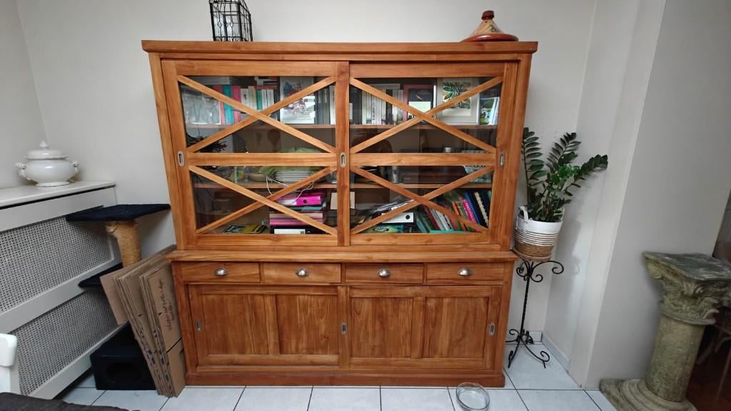 Vitrinekast in grenenhout, Huis en Inrichting, Kasten | Vitrinekasten, Ophalen, Gebruikt, 200 cm of meer, 200 cm of meer