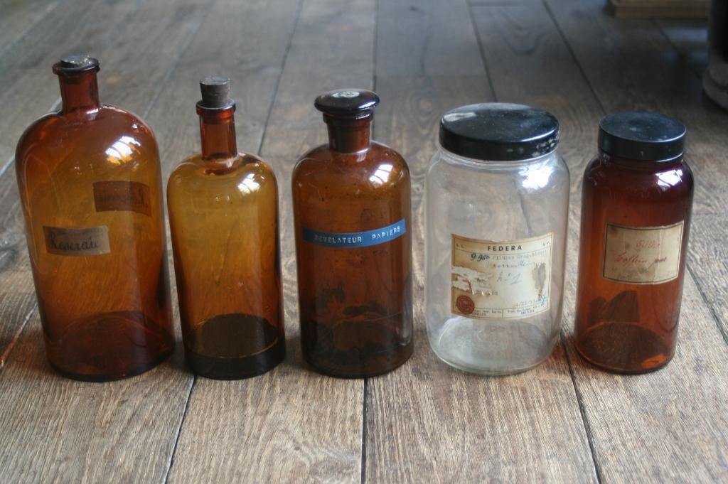 5 x bouteilles/pots de pharmacie en verre (+-1920), Enlèvement ou Envoi, Utilisé, Emballage
