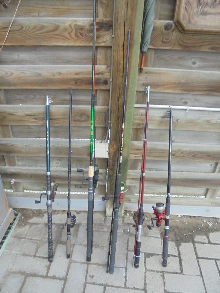 6 werphengels met molens, Watersport en Boten, Hengelsport | Algemeen, Ophalen, Gebruikt, Werphengel