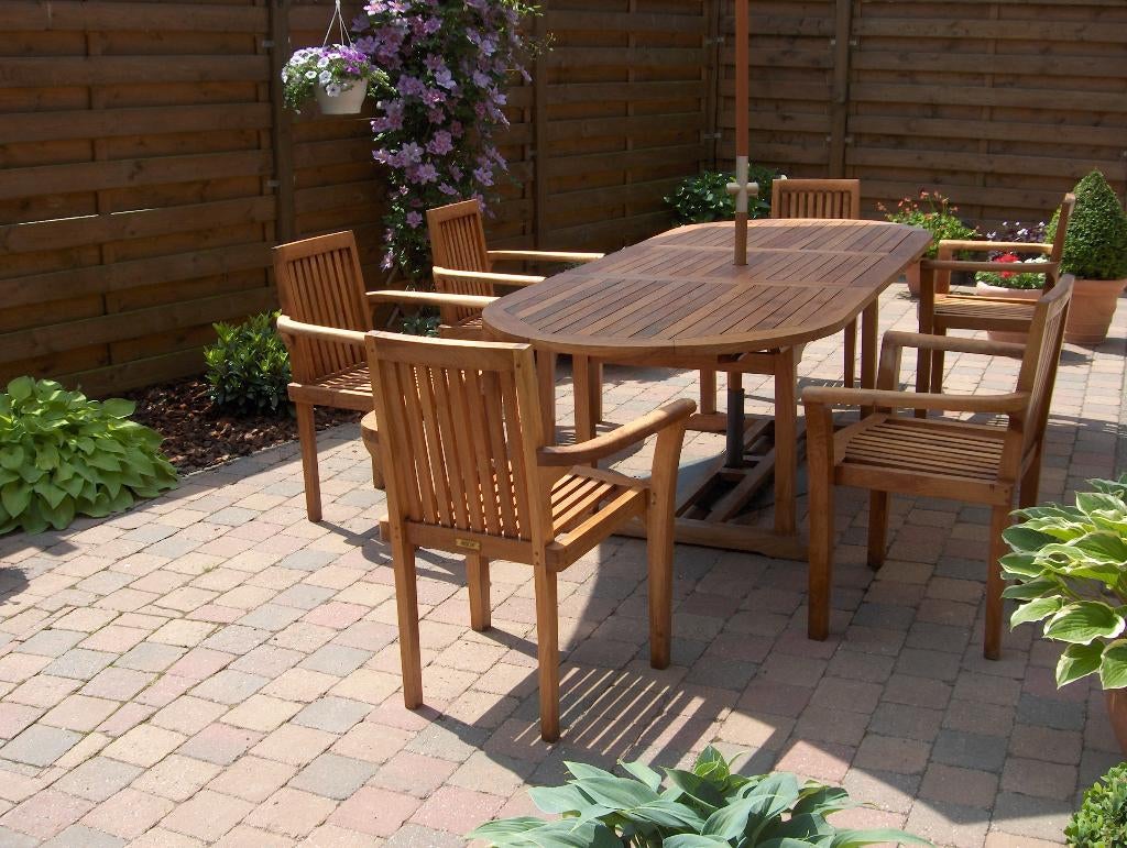 teaken tafel + 8 teaken stoelen, Jardin & Terrasse, Ensembles de jardin, Chaise, Salons de jardin, 8 places, Utilisé