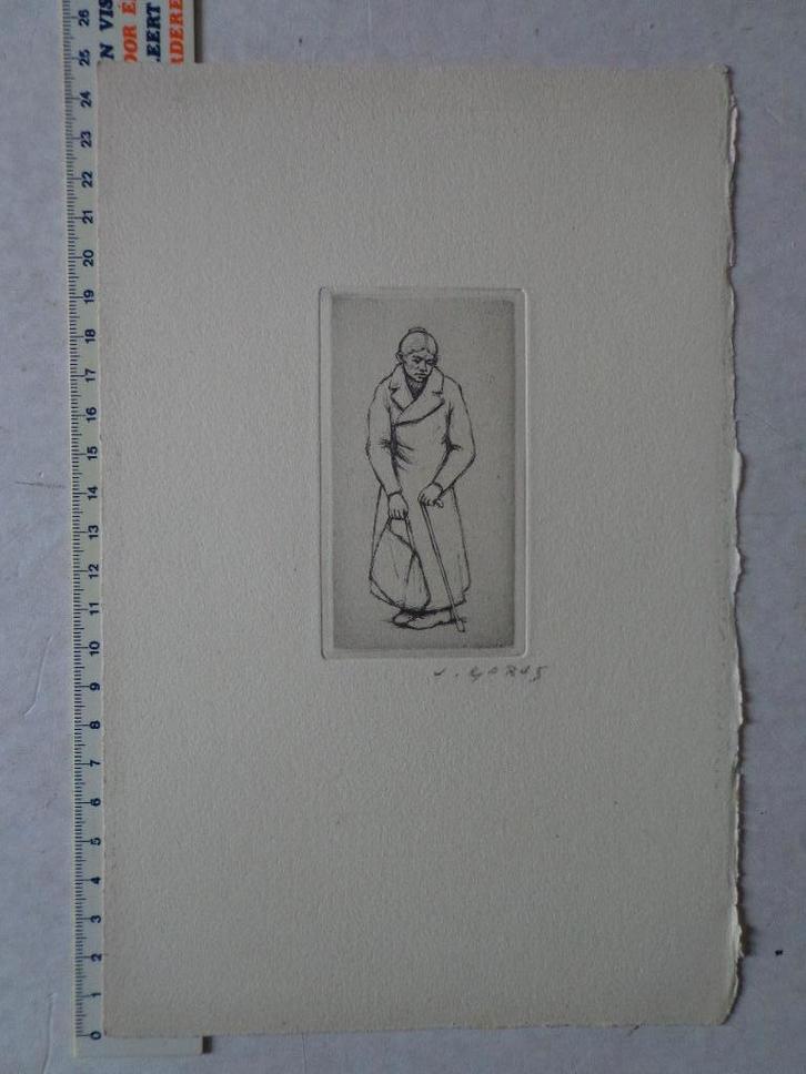 Ets Jaak Gorus Oude vrouw met lange jas, handtas en stok, Antiquités & Art, Art | Eaux-fortes & Gravures, Enlèvement ou Envoi