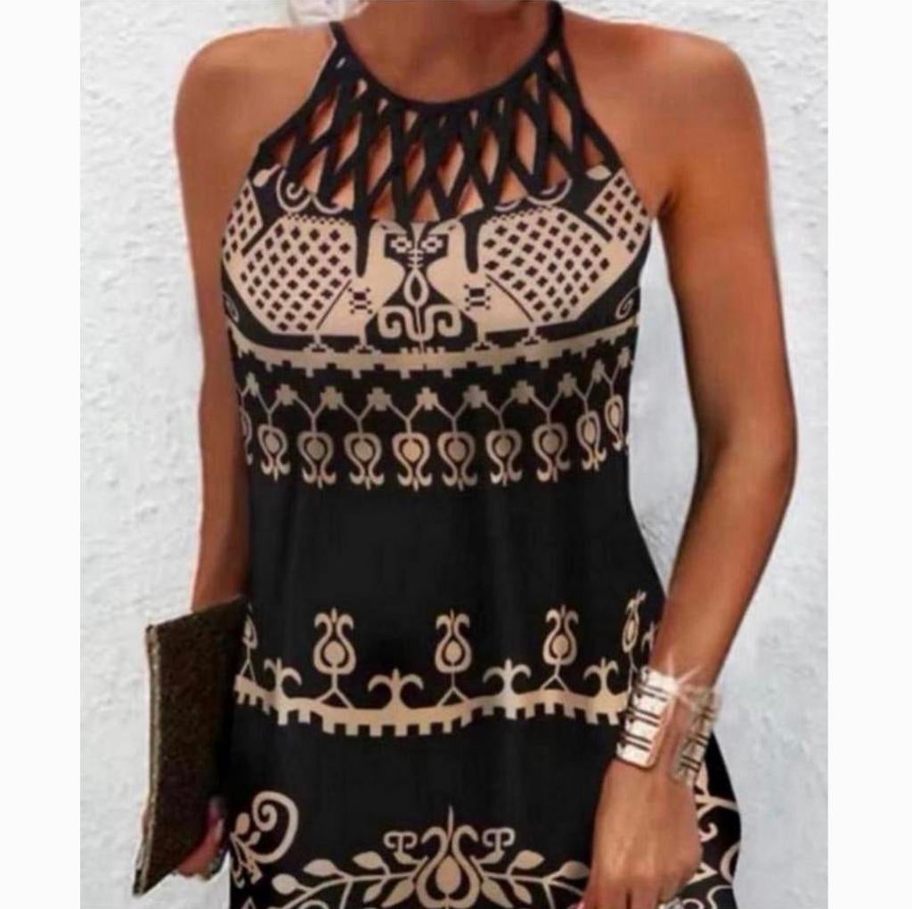 Robe sexy femmes col rond vintage sans manches avec motif L, Enlèvement ou Envoi, Longueur genou, Noir, Taille 42/44 (L)