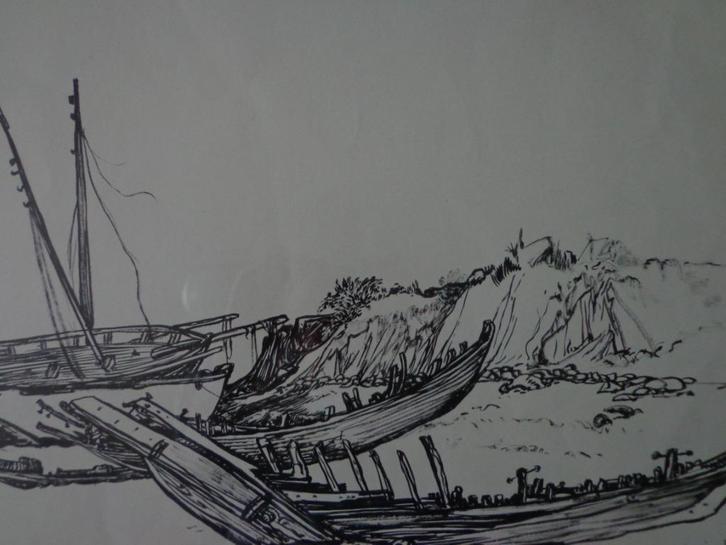 KOOPJE tekening René De Coninck scheepswrakken op strand, Antiek en Kunst, Kunst | Tekeningen en Fotografie, Ophalen of Verzenden