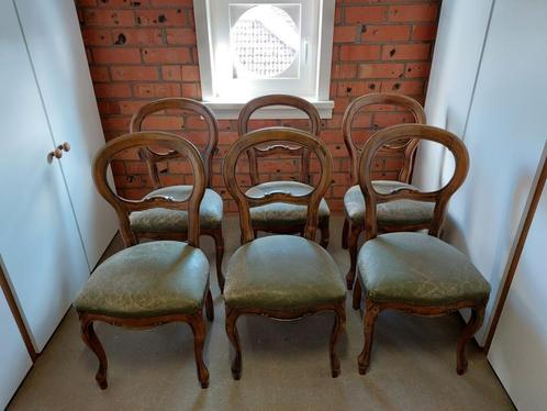 Set zes stevige stoelen leder Louis XV 15 De Bruyne Bornem, Huis en Inrichting, Stoelen, Gebruikt, Vijf, Zes of meer stoelen, Hout