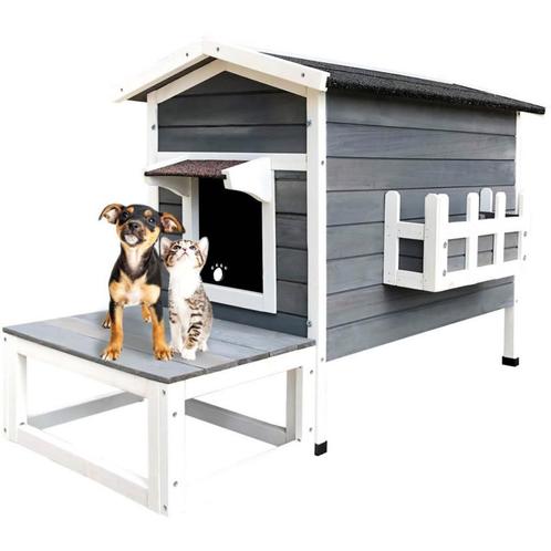 Kattenhuis hout | Met veranda | 105 x 58 x 74 cm | Wit/Grijs, Dieren en Toebehoren, Katten-accessoires, Nieuw, Ophalen of Verzenden