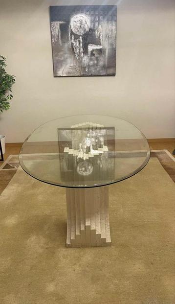 Table à dîner en travertin et verre, Italy, 1970s, Comme neuf, Rond, Verre