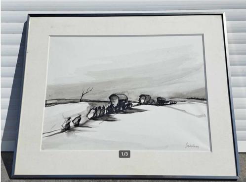 lavis exode sous la neige signe jacques de sadeleer, Antiek en Kunst, Kunst | Schilderijen | Klassiek, Ophalen of Verzenden