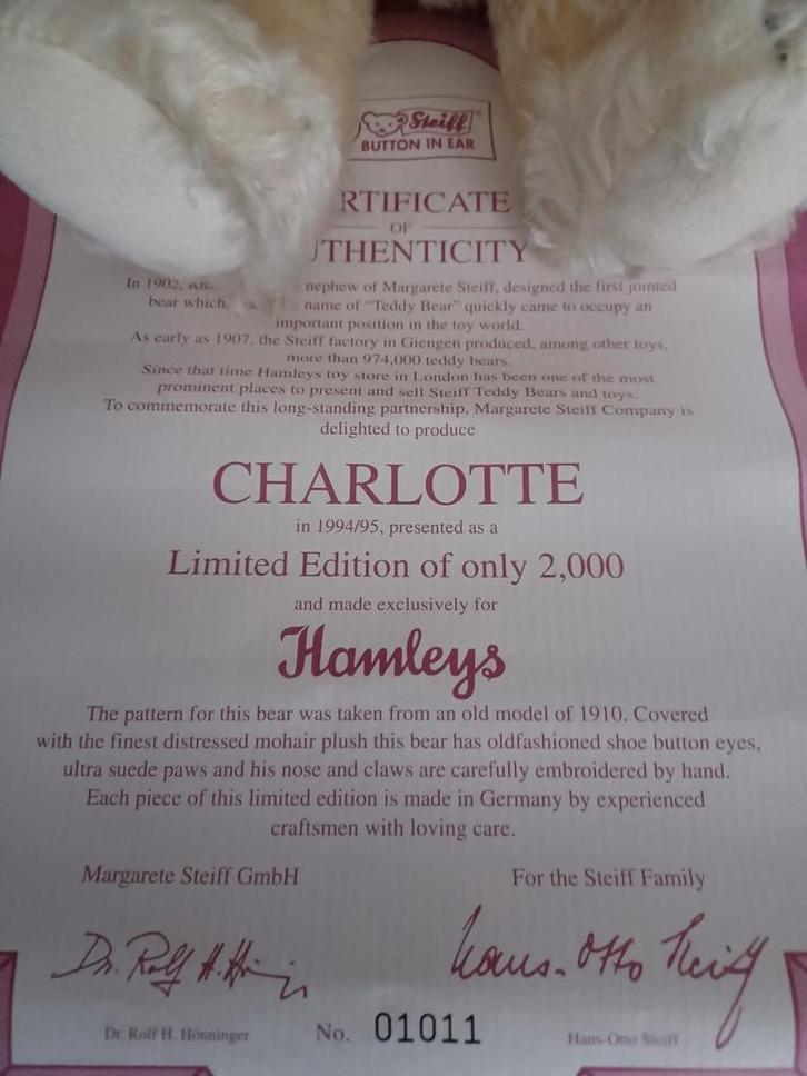 Steiiff Charlotte beer, Verzamelen, Beren en Cherished Teddies, Zo goed als nieuw, Steiff, Ophalen