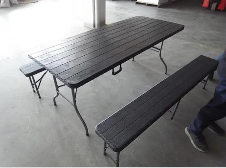 Zwarte vouwtafel met 2 bankjes (nieuw) in doos, Tuin en Terras, Tuinbanken, Zo goed als nieuw, Kunststof, Ophalen of Verzenden