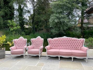 Antieke barok salonset – 3-zit + 2 fauteuils in roze velours beschikbaar voor biedingen