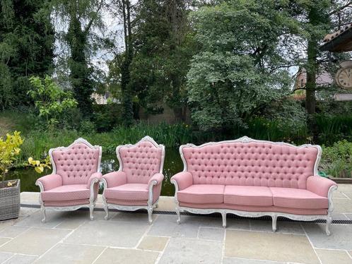 Antieke barok salonset – 3-zit + 2 fauteuils in roze velours, Antiek en Kunst, Antiek | Meubels | Stoelen en Sofa's, Ophalen