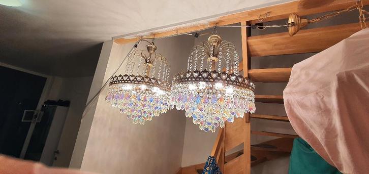 deux lustres identiques et cristallins, Maison & Meubles, Lampes | Lustres, Comme neuf, Verre, Métal, Enlèvement