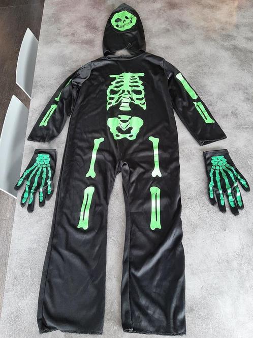 Skelet pak + handschoenen + masker, Kinderen en Baby's, Carnavalskleding en Verkleedspullen, Gebruikt, Jongen of Meisje, 134 t/m 140