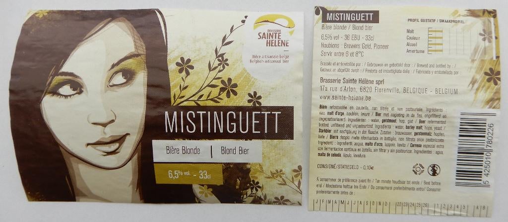 Bieretiket Mistinguett Brouwerij Sainte Hélène (12n6), Verzamelen, Biermerken, Gebruikt, Ophalen of Verzenden