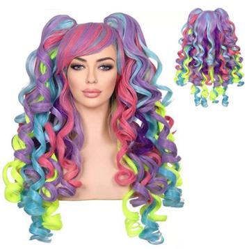 Luxe multi color pruik lang haar met krullen + 2 staarten op