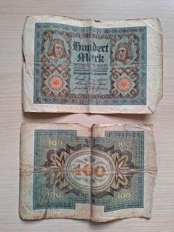 2 Duitse Reichsbankbiljetten van 100 Mark uit 1920.  beschikbaar voor biedingen