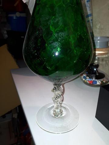 Ancien Verre Géant Vase Coupe Chope À Pied Fumé Vert, Enlèvement