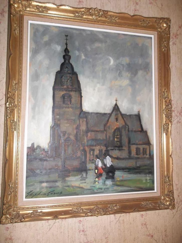 St. Gorus - Romaanse St. Aldegondiskerk Mespelare  olie/doek, Antiek en Kunst, Curiosa en Brocante, Ophalen of Verzenden