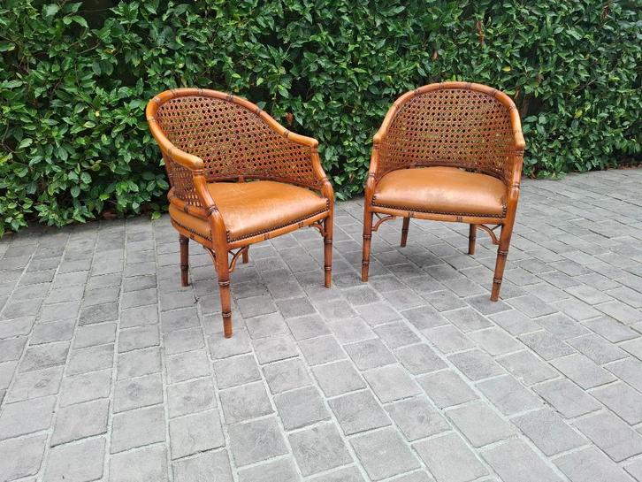 Vintage Faux Bamboo Giorgetti Fauteuil, Huis en Inrichting, Fauteuils, Gebruikt, Hout, Leer, Riet of Rotan, Ophalen