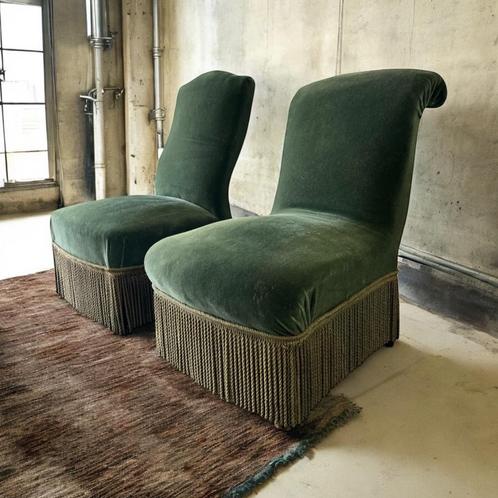 set van 2 vintage fauteuils / eenzitjes  met franjes, Antiek en Kunst, Antiek | Meubels | Stoelen en Sofa's, Ophalen of Verzenden