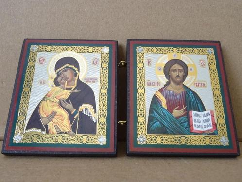 Tweeluik icoon icoontje de Moeder Gods Jezus Christus 13x7cm, Verzamelen, Religie, Zo goed als nieuw, Christendom | Katholiek