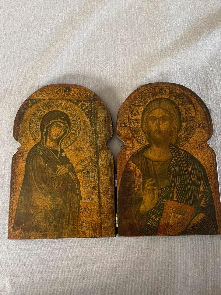 Houten icoon tweeluik (Maria & Christus Pantocrator), Verzamelen, Religie, Zo goed als nieuw, Ophalen