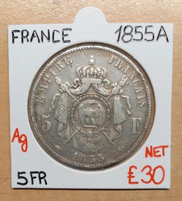 5 FR    1855A    NAPOLEON III    FRANKRIJK     ZILVER   € 30 beschikbaar voor biedingen