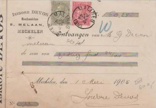 1905: Reçu van ## Handel in HOUT Isidore DEVOS, MECHELEN ##, Collections, Collections Autre, Utilisé, Enlèvement ou Envoi