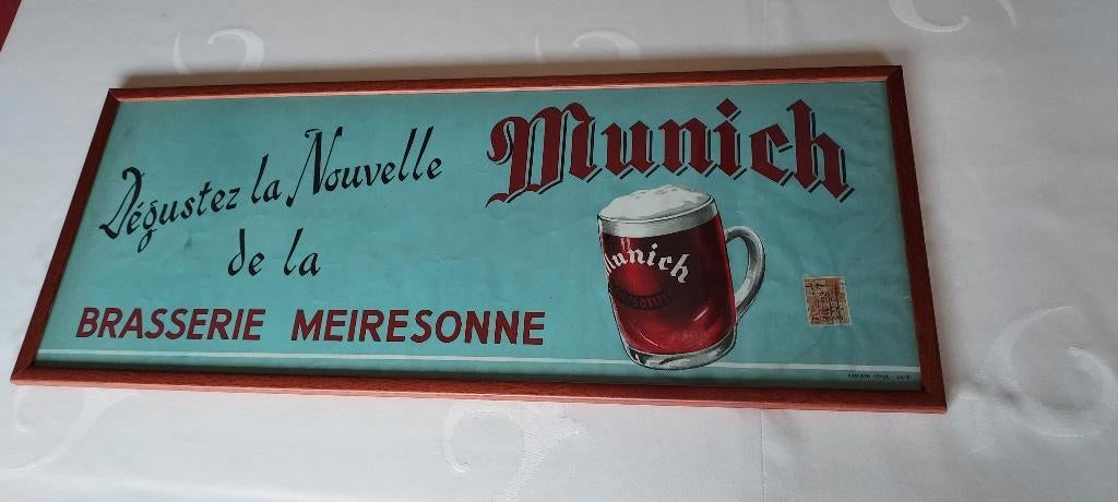 oude affiche bières Munich, brouwerij Meiresonne, 1952, Verzamelen, Biermerken, Zo goed als nieuw, Reclamebord, Plaat of Schild
