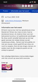 K3    3 tickets.14 juni om 13 h30. Zeer mooie plaatsen!, Tickets en Kaartjes, Drie personen of meer, Juni