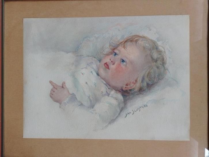 Jan Sluijters  1881 - 1957  Aquarel  Liggende baby, Antiek en Kunst, Kunst | Schilderijen | Klassiek, Verzenden