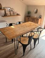 Table industrielle + 4 chaises assorties – bois & métal, Ophalen of Verzenden, Zo goed als nieuw, Metaal