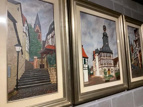 3 Olieverfschilderijen op doek (triptiek) - gesigneerd, Antiek en Kunst, Kunst | Schilderijen | Klassiek, Ophalen