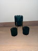 Set van 3 glazen theelichthouders met goudkleurige standaard, Enlèvement, Comme neuf, Bleu